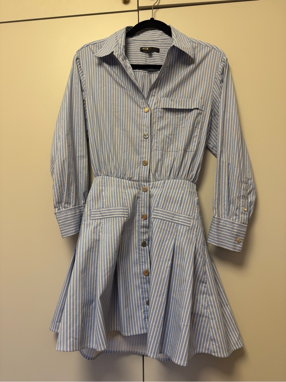 Maje Light Blue and White Striped Mini Shirt Dress
